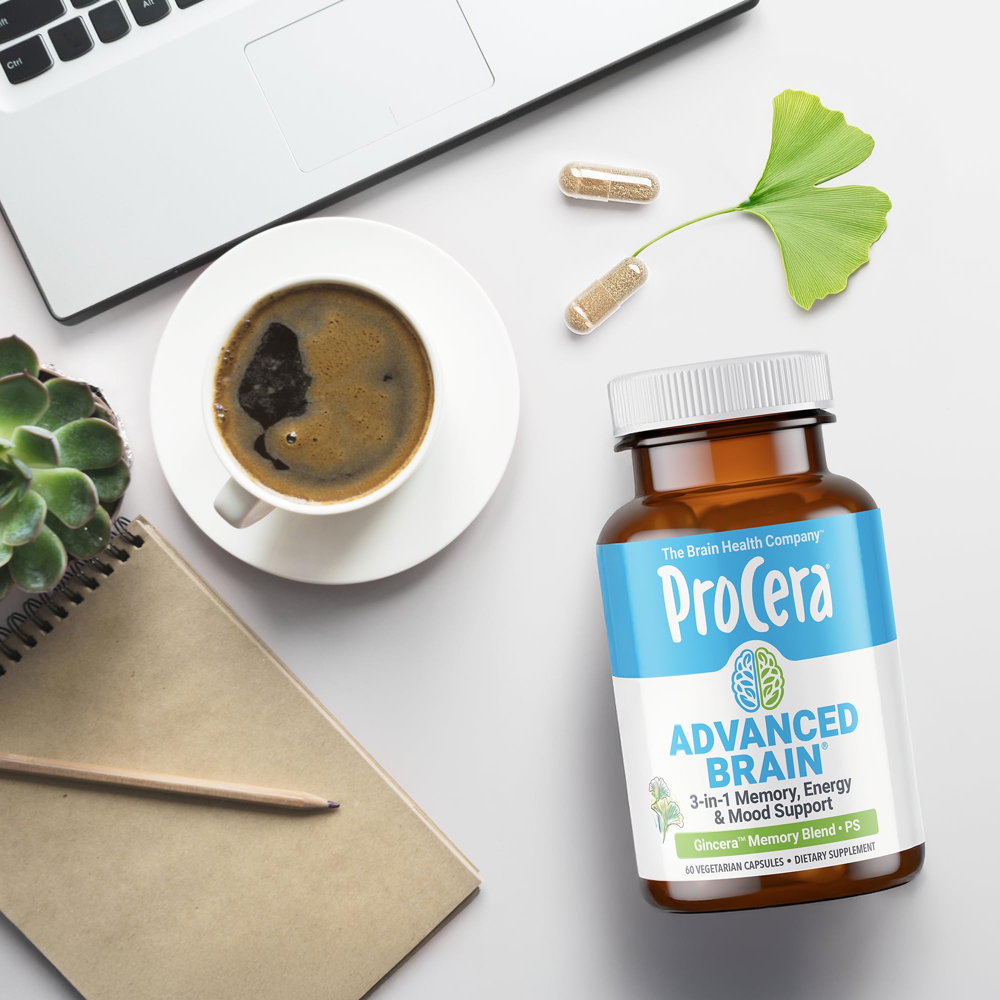 Study desk scene with Procera Advanced Brain illustrating recall and organization during exams or meetings.