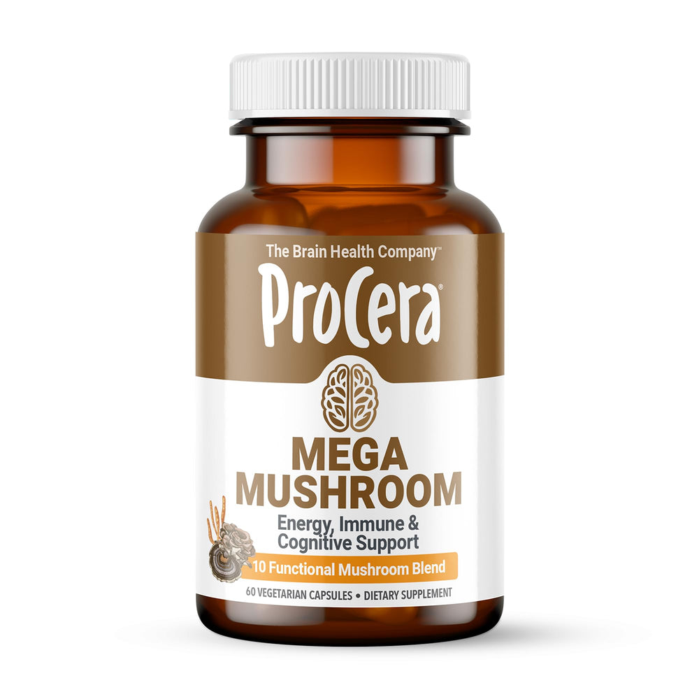 Procera Mega Mushroom memory boost bottle promotes focus and mental clarity for daily tasks.