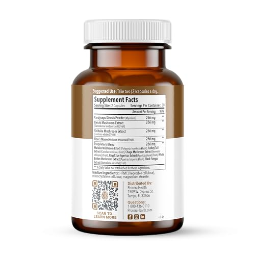 Procera Mega Mushroom mental clarity capsules highlight sharper concentration during work or study.