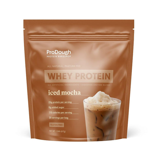 ProDough Gourmet Whey ISO Iced Mocha tub offers 25g protein per serving.