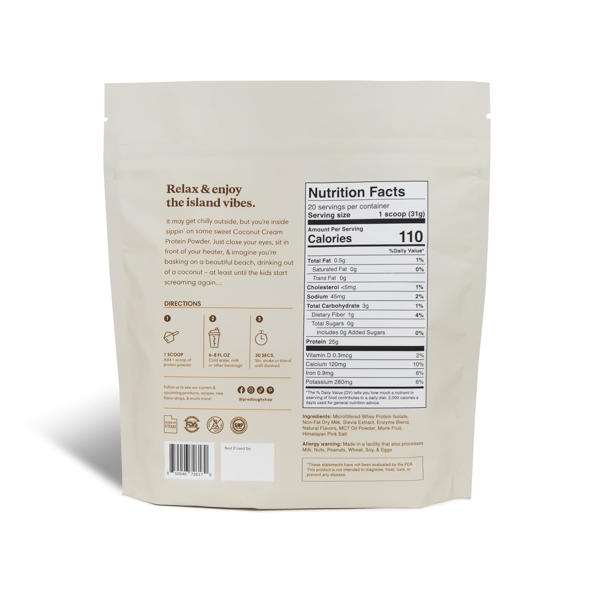 ProDough Gourmet Whey Isolate Coconut Cream tub with scoop ready for shakes.