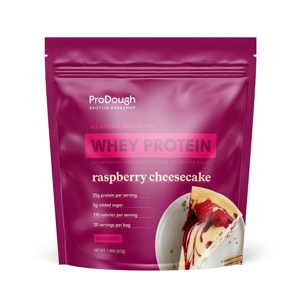 ProDough Gourmet Whey Isolate Raspberry Cheesecake bag ready for quick shakes