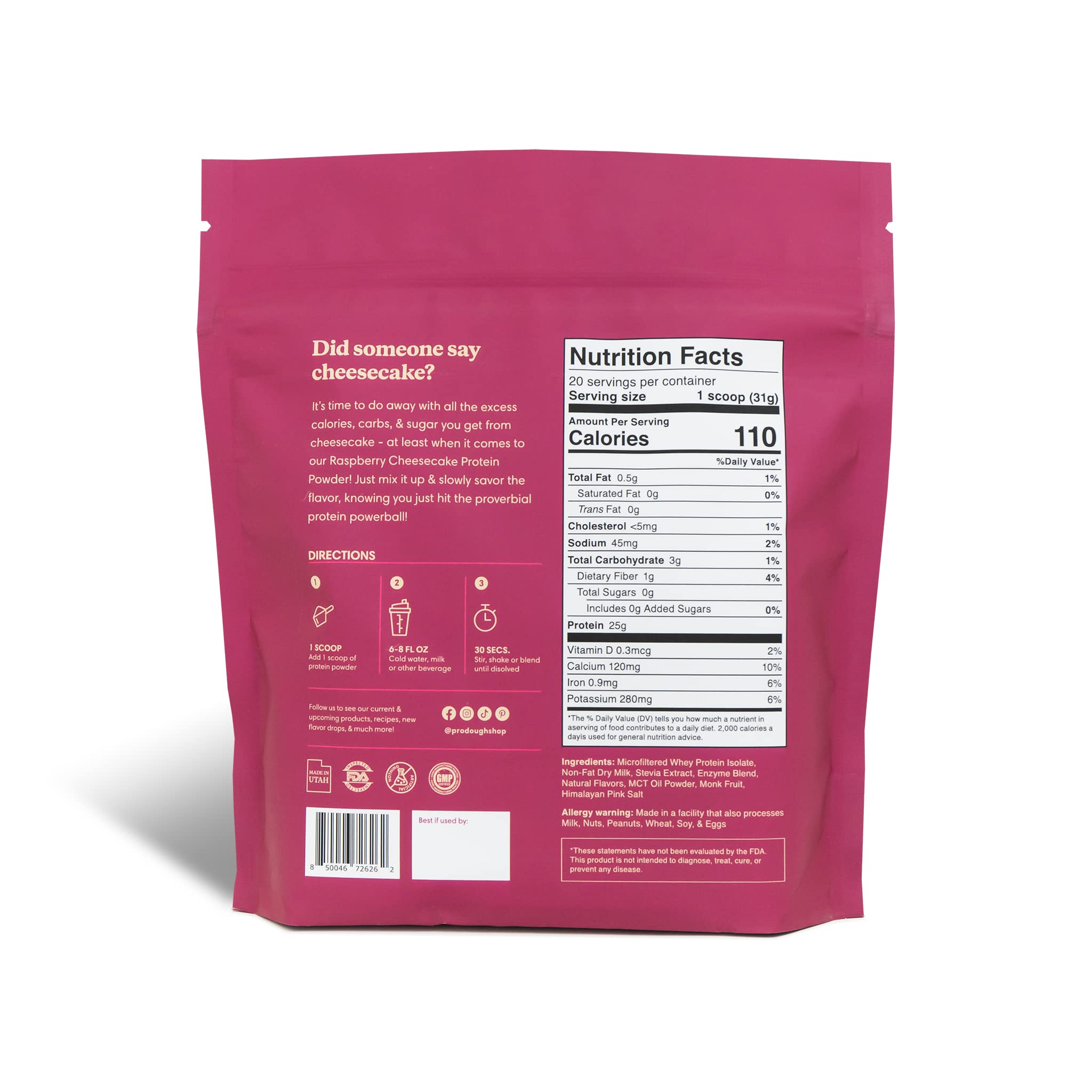 ProDough scoop with Raspberry Cheesecake powder for 25g protein per serving