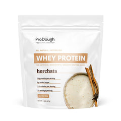 ProDough Horchata whey protein tub highlights gourmet flavor and 25g protein per serving.