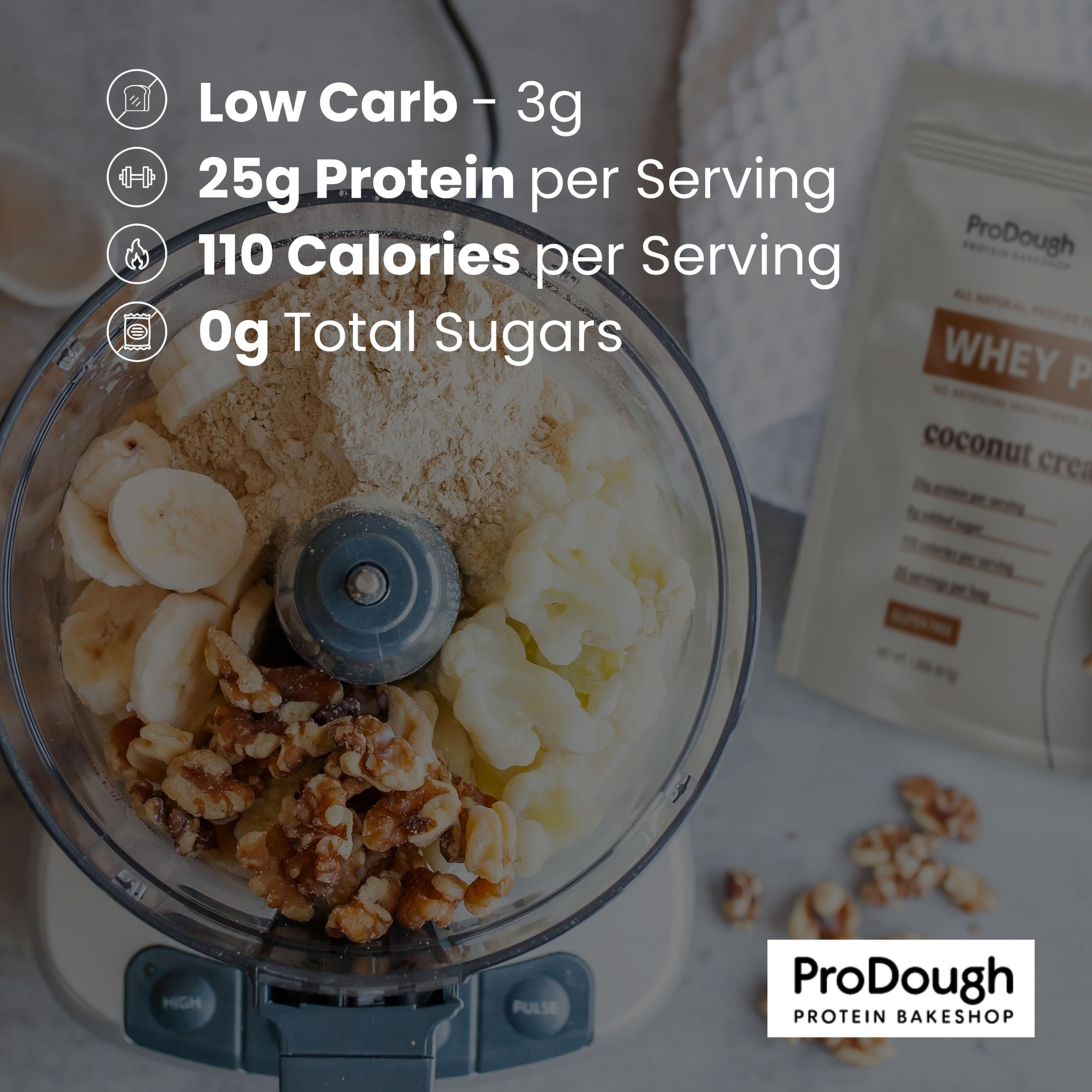 ProDough Maple Donut label closeup emphasizes clean ingredients and protein content