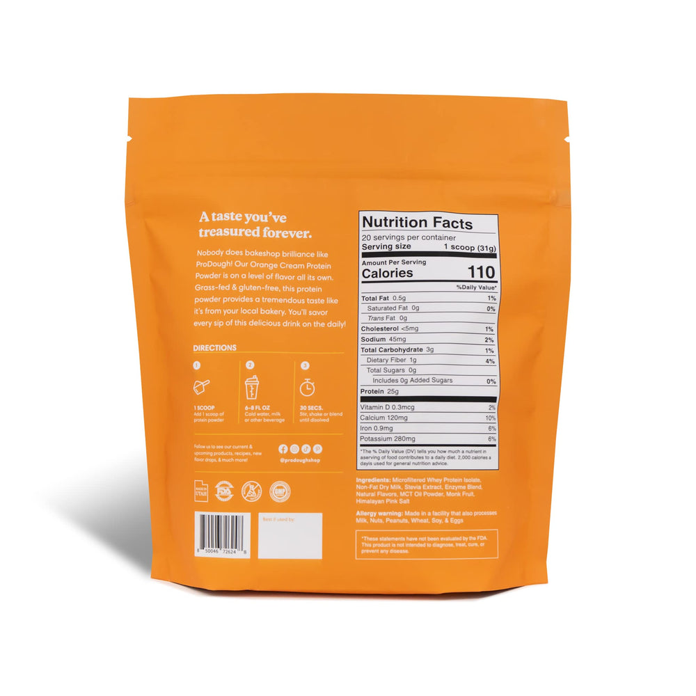 ProDough Orange Cream scoop beside jar for quick protein boosts.