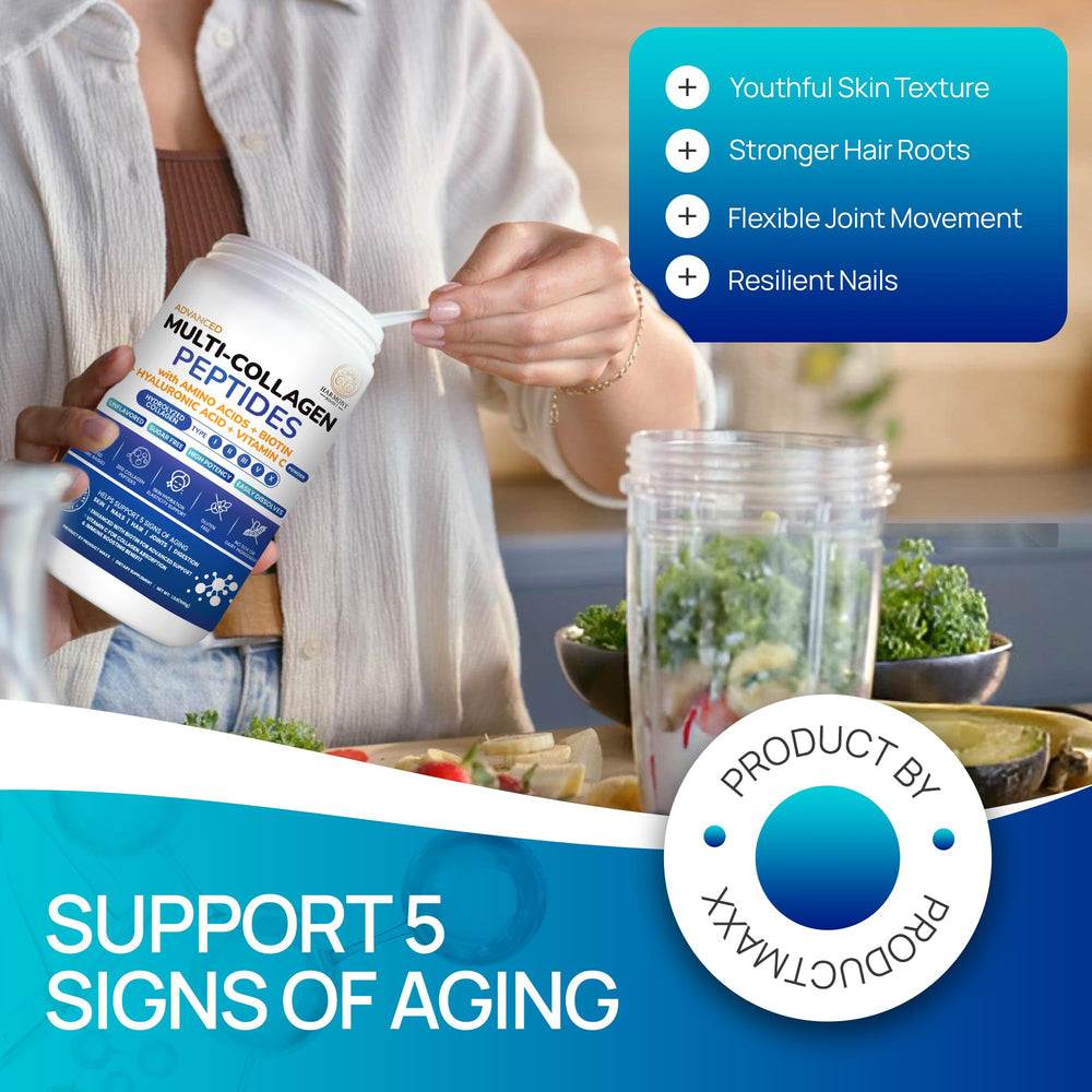 Product Maxx hyaluronic acid and Vitamin C bottle highlights skin hydration support.