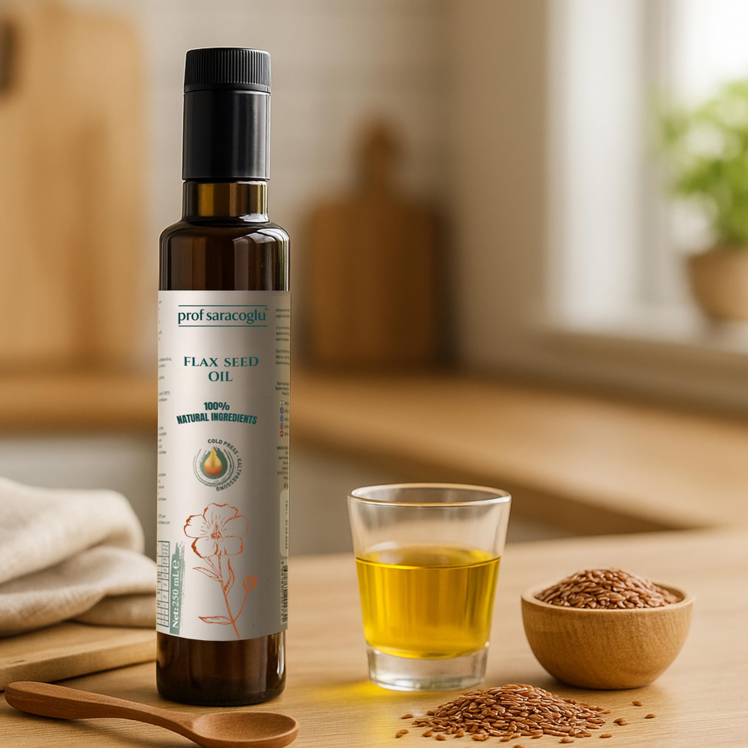 Amber bottle of Prof Saracoglu flaxseed oil on kitchen counter.