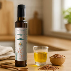 Amber bottle of Prof Saracoglu flaxseed oil on kitchen counter.