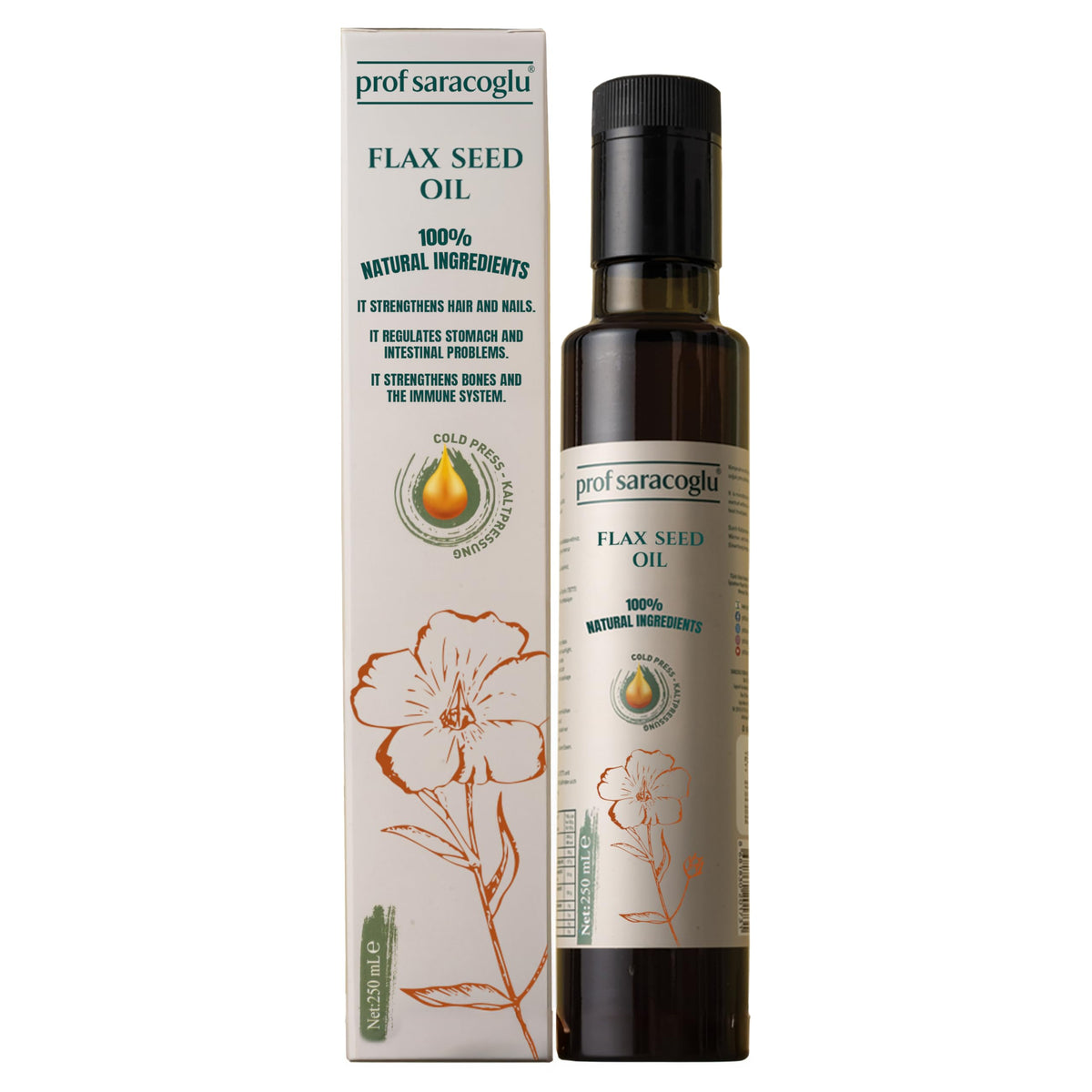 Prof Saracoglu flaxseed oil bottle pour for daily omega-3 support.