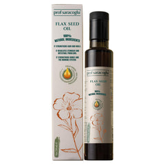 Prof Saracoglu flaxseed oil bottle pour for daily omega-3 support.