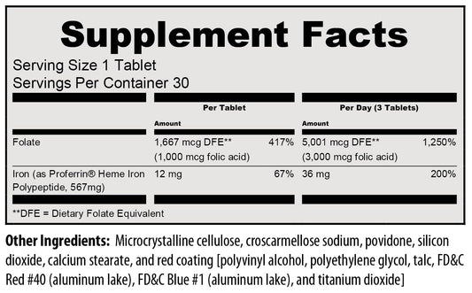 Close-up of Proferrin Forte tablets highlighting heme iron polypeptide