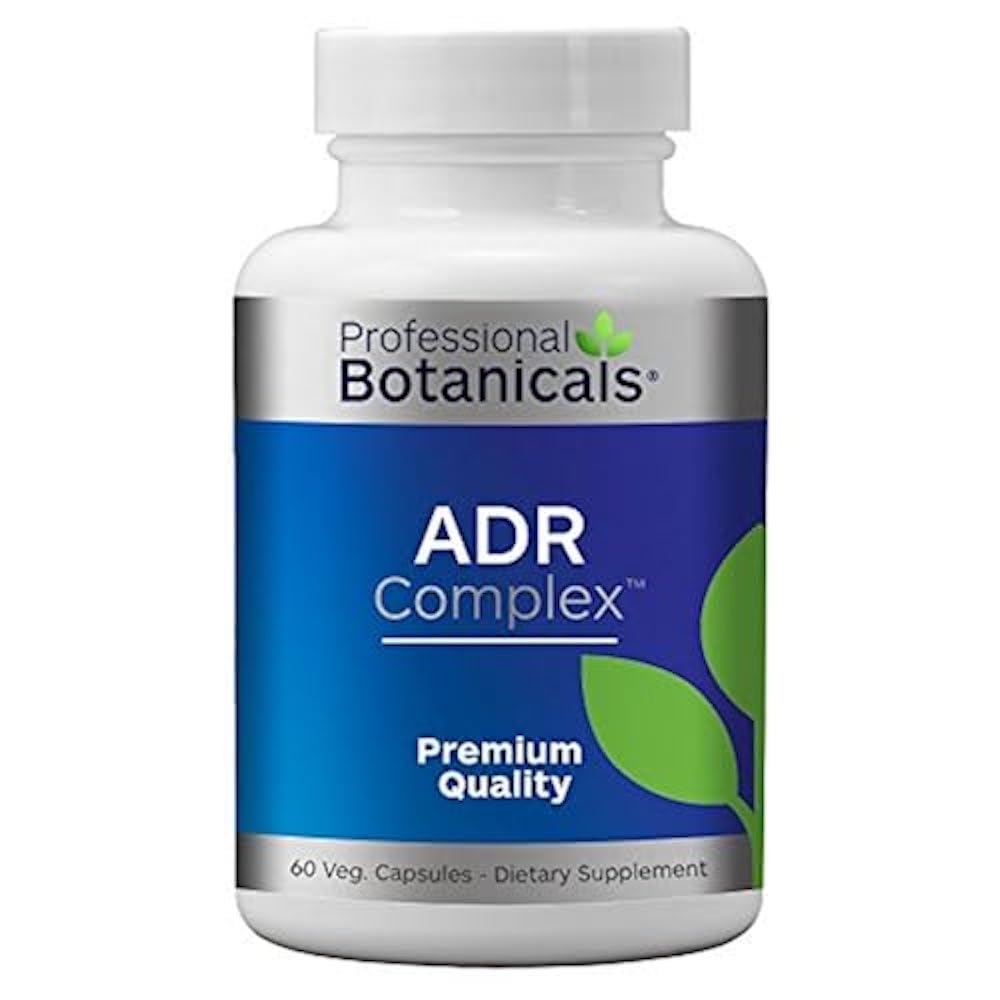 Professional Botanicals Adrenal Complex bottle front with vegetarian capsules for steady energy.
