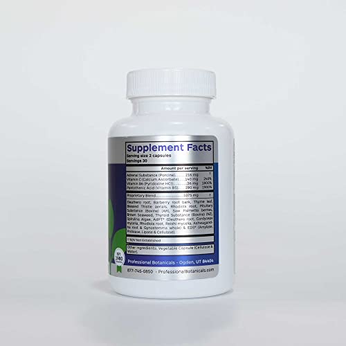Professional Botanicals Adrenal Complex ingredients panel highlighting key botanicals and nutrients.