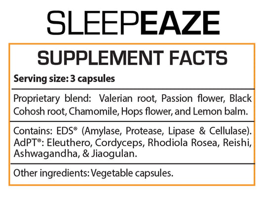 Professional Botanicals Sleep Eaze bottle label showing valerian and chamomile ingredients for relaxation.