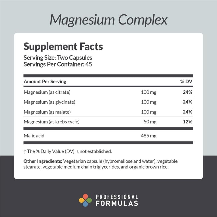 PROFESSIONAL COMPLEMENTARY HEALTH FORMULAS Magnesium Complex ingredients-label showing citrate, glycinate, and malate chelates for absorption