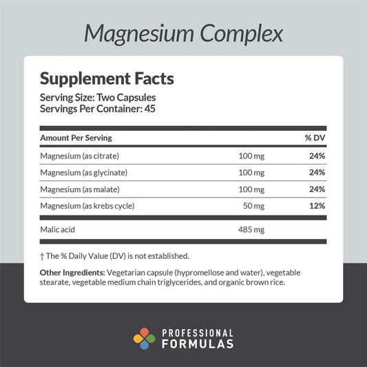 PROFESSIONAL COMPLEMENTARY HEALTH FORMULAS Magnesium Complex ingredients-label showing citrate, glycinate, and malate chelates for absorption