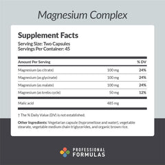 PROFESSIONAL COMPLEMENTARY HEALTH FORMULAS Magnesium Complex ingredients-label showing citrate, glycinate, and malate chelates for absorption