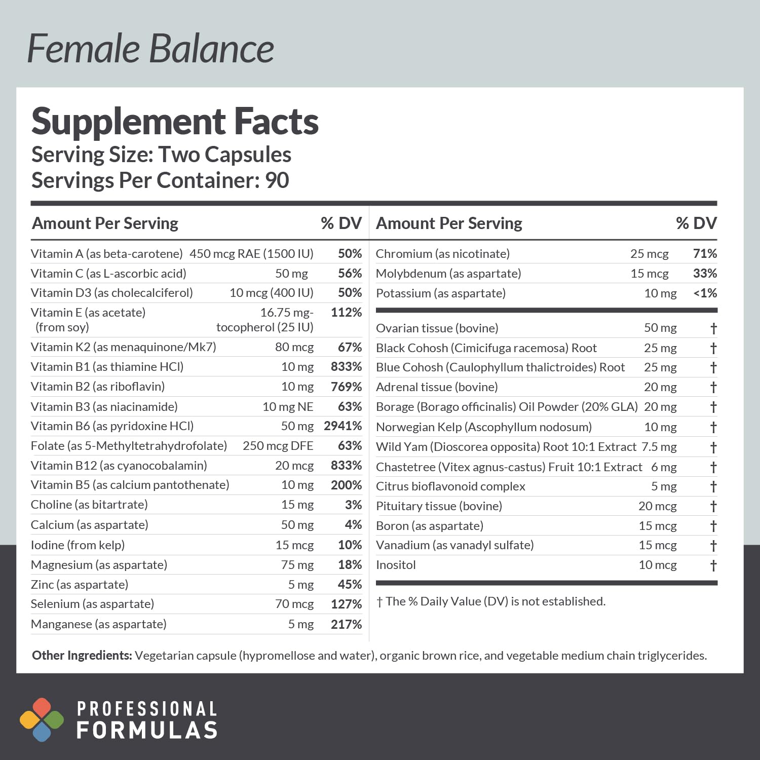 Closeup of Female Balance capsules showing vegetarian formula for mood and energy support.