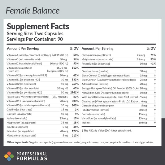 Closeup of Female Balance capsules showing vegetarian formula for mood and energy support.