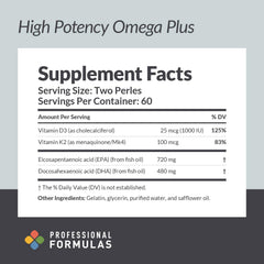 Omega Plus label closeup showing D3 and K2 vitamins for bone health
