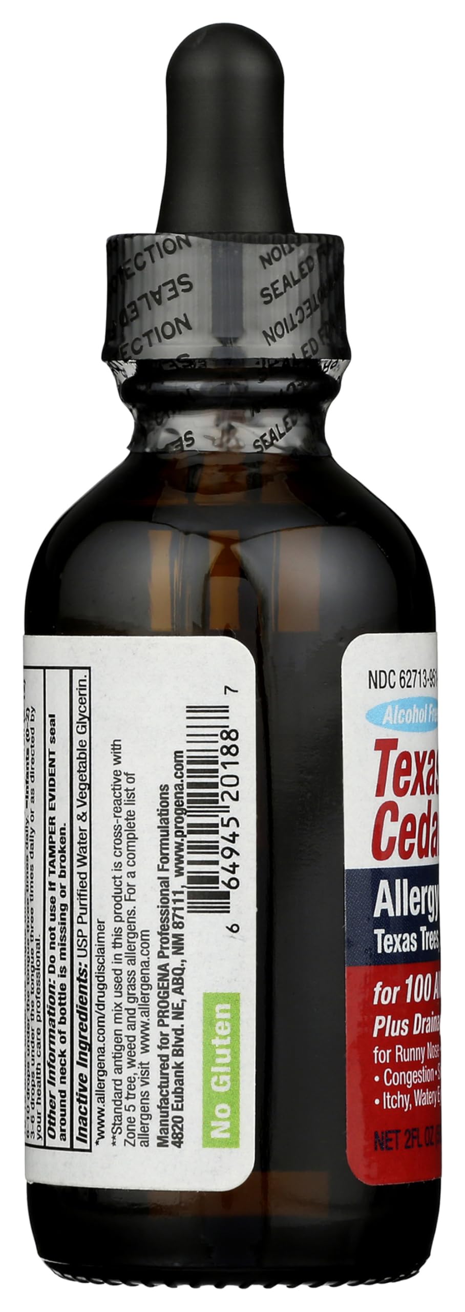PROGENA Allergena Texas Cedar Fever label communicates adult-friendly relief