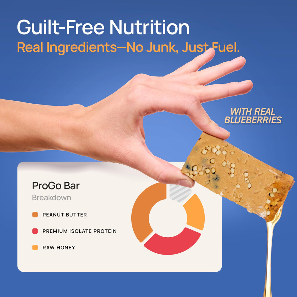 ProGo Blueberry Crunch bar crumb-free bite in hand.