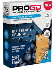 ProGo Blueberry Crunch bar front view, portable energy snack.