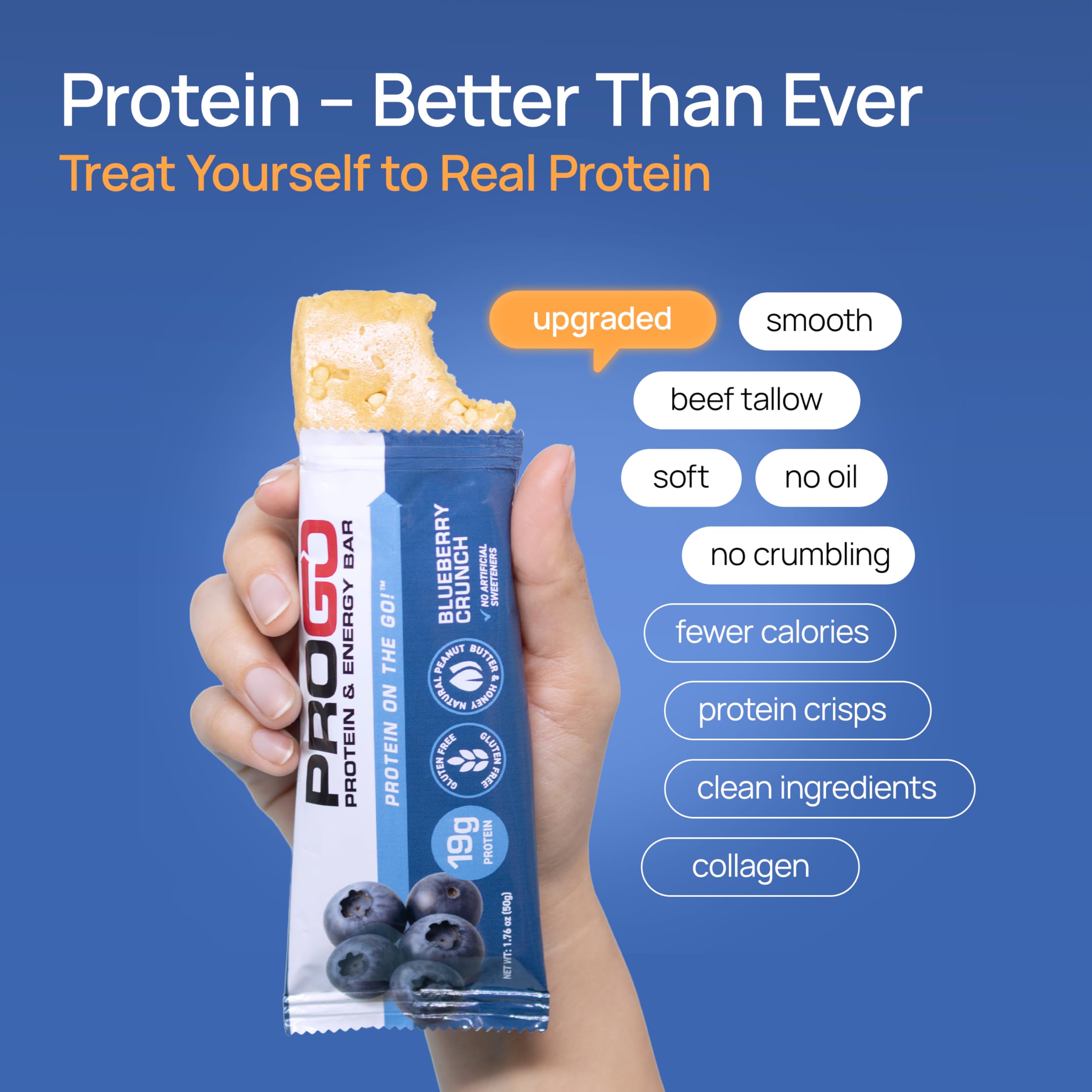 ProGo Blueberry Crunch bar with tallow, richer mouthfeel captured.