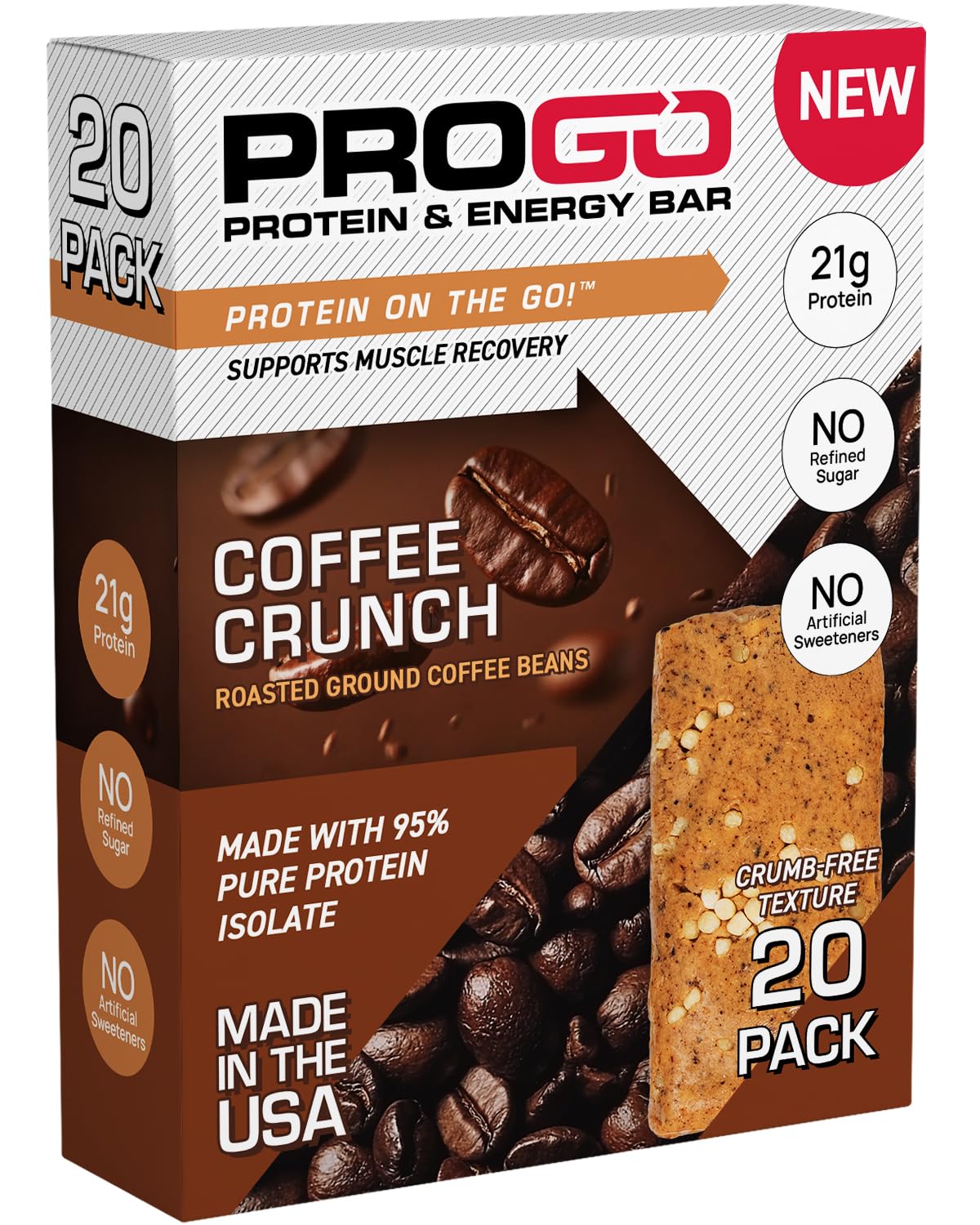 ProGo Coffee Crunch bar front pack highlights 21g protein from 95% isolate.