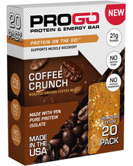 ProGo Coffee Crunch bar front pack highlights 21g protein from 95% isolate.
