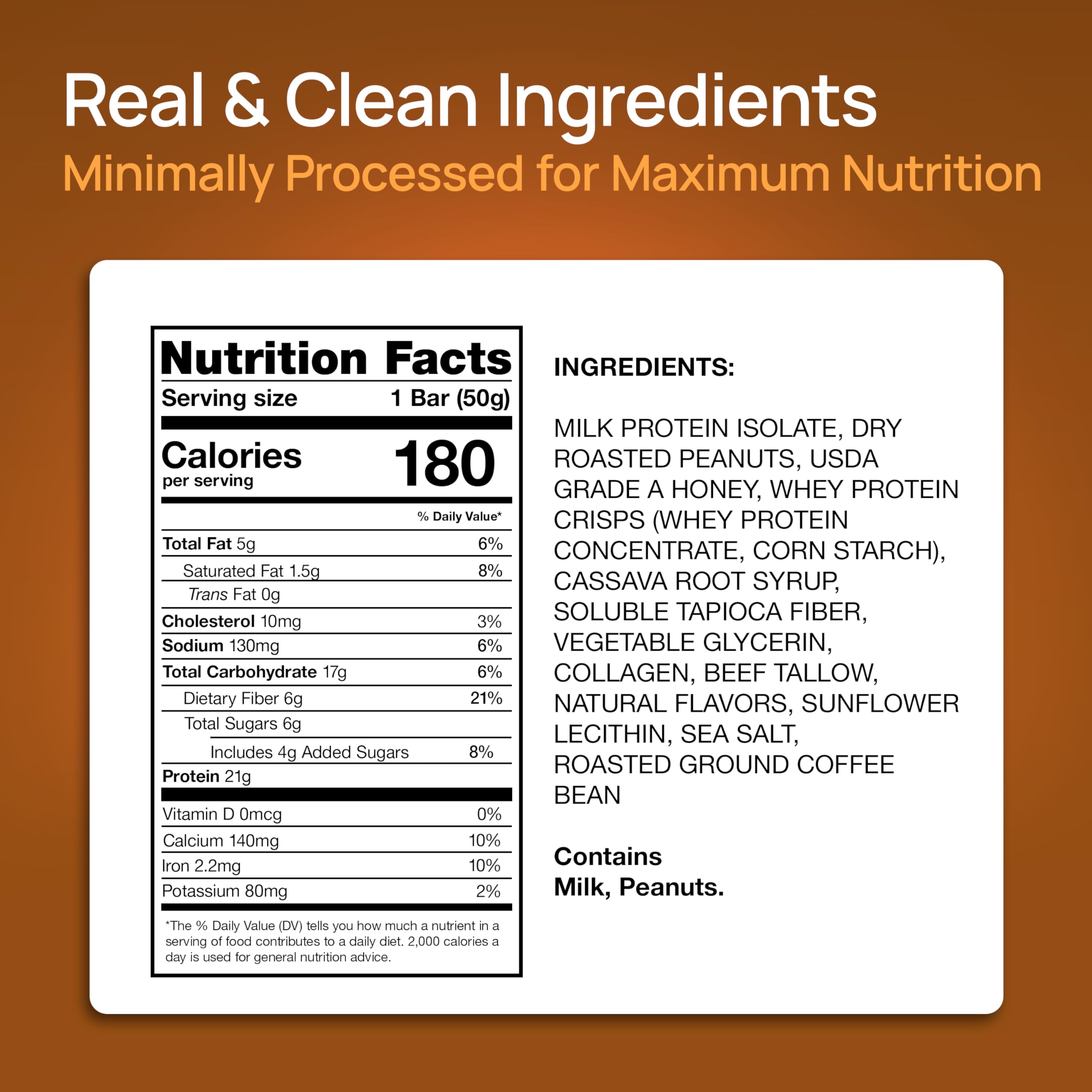 ProGo Coffee Crunch bar nutrition panel shows low calories and gluten-free status.