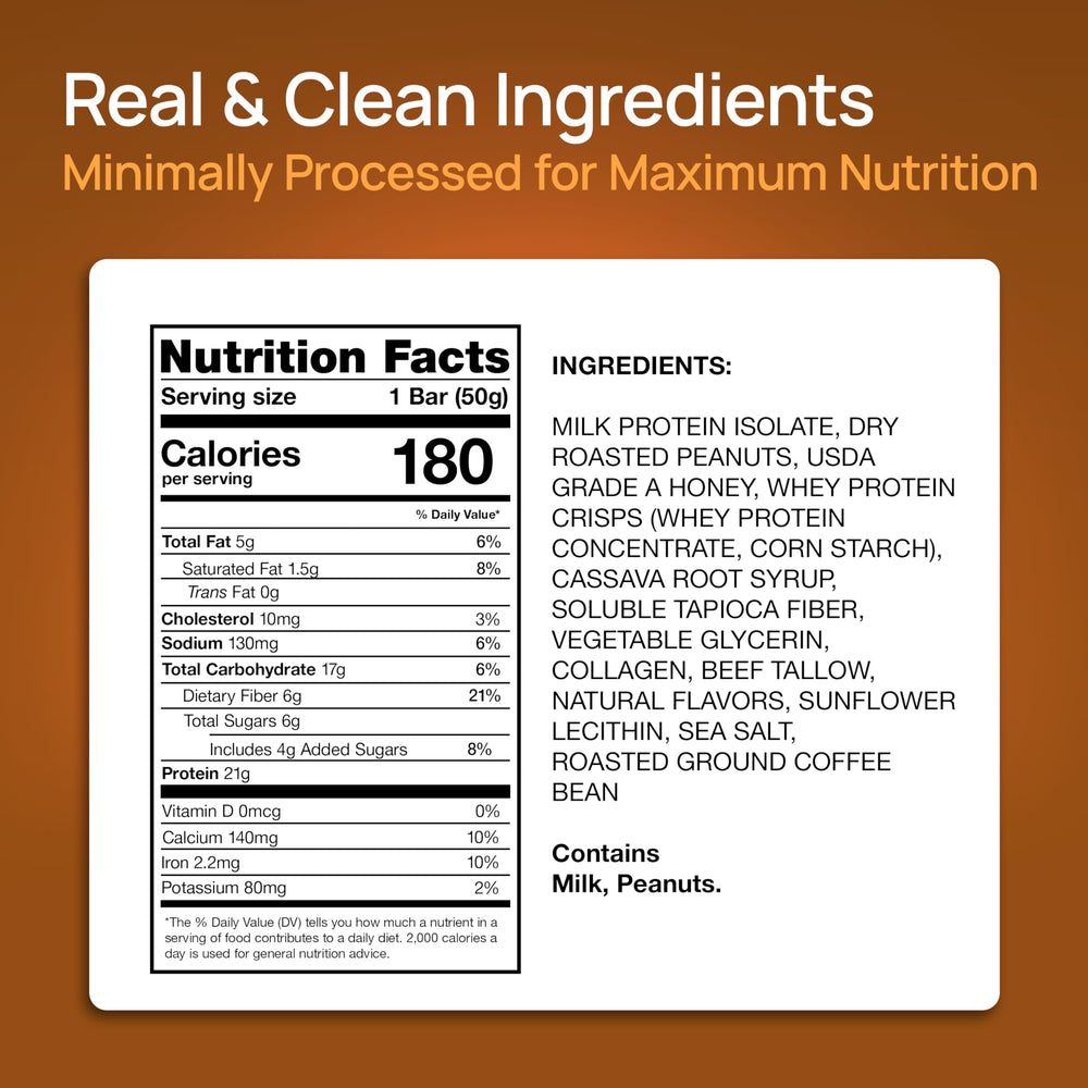 ProGo Coffee Crunch bar nutrition panel shows low calories and gluten-free status.