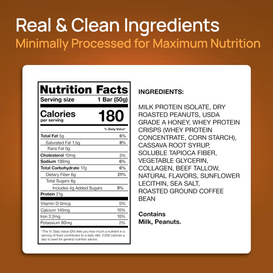 ProGo Coffee Crunch bar nutrition panel shows low calories and gluten-free status.