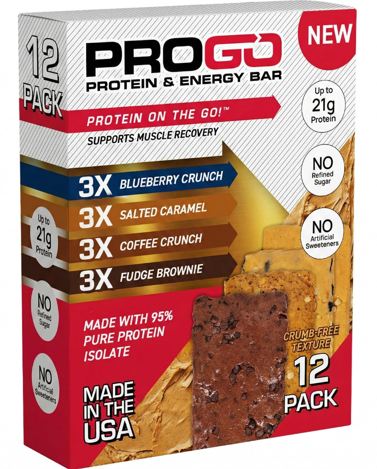 ProGo protein bars packaging shows a 12-pack variety for on-the-go clean energy.