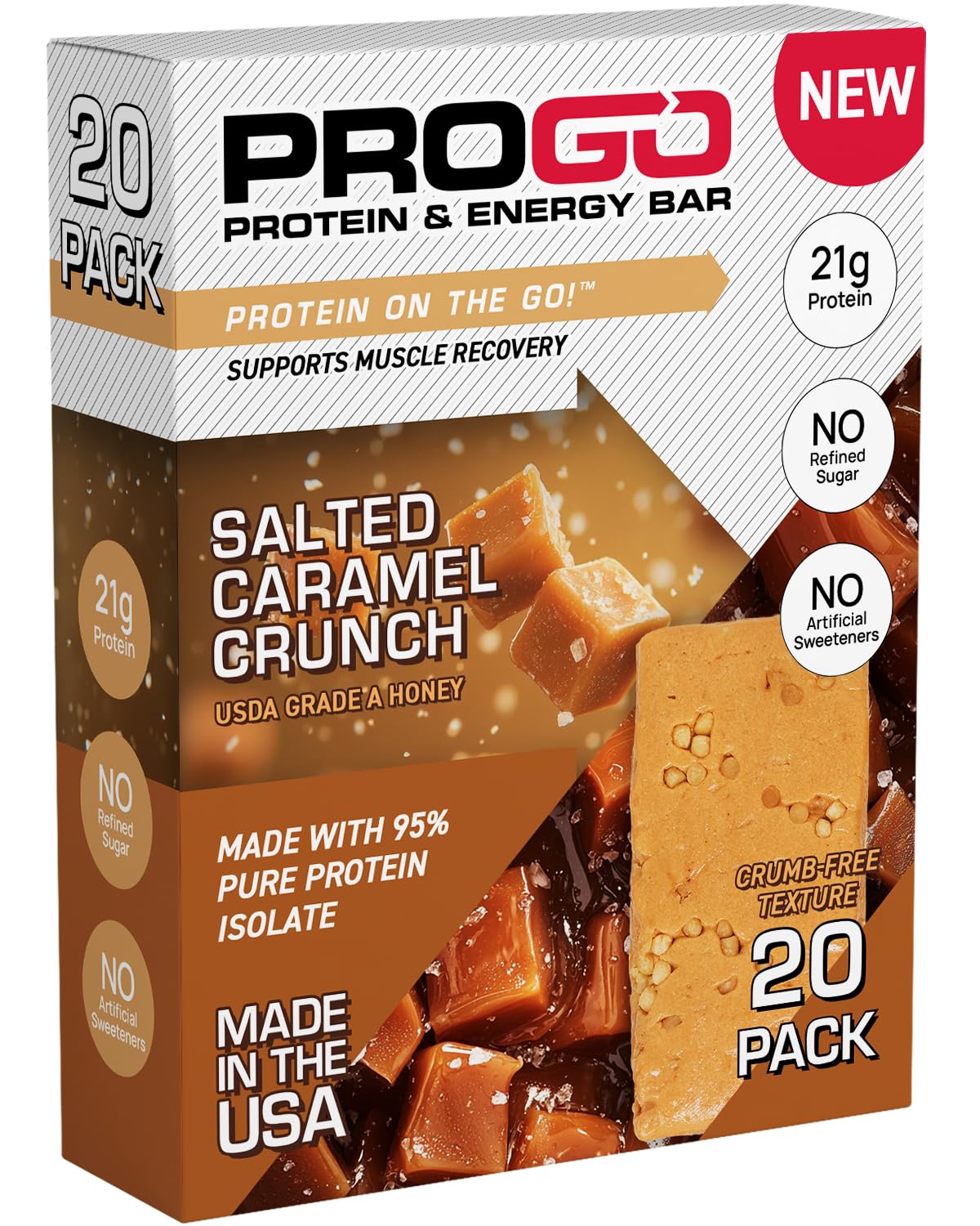ProGo Salted Caramel Crunch pack showing real ingredients for clean energy