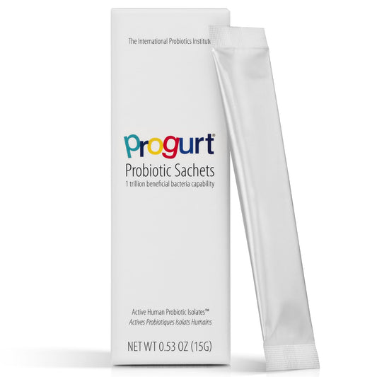PROGURT 1 Trillion CFU sachets for rapid gut restoration and bloating relief.