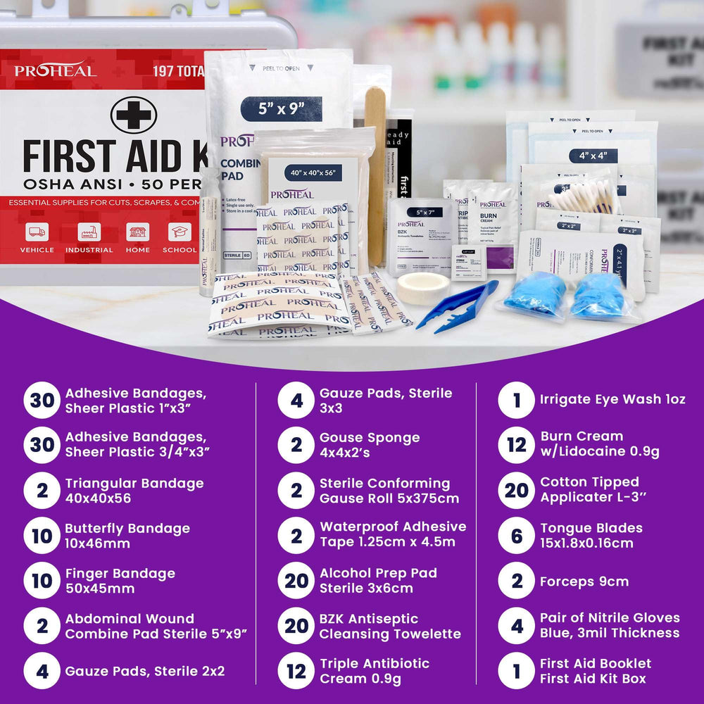 ProHeal 197-piece supplies kit including gauze, bandages, and creams