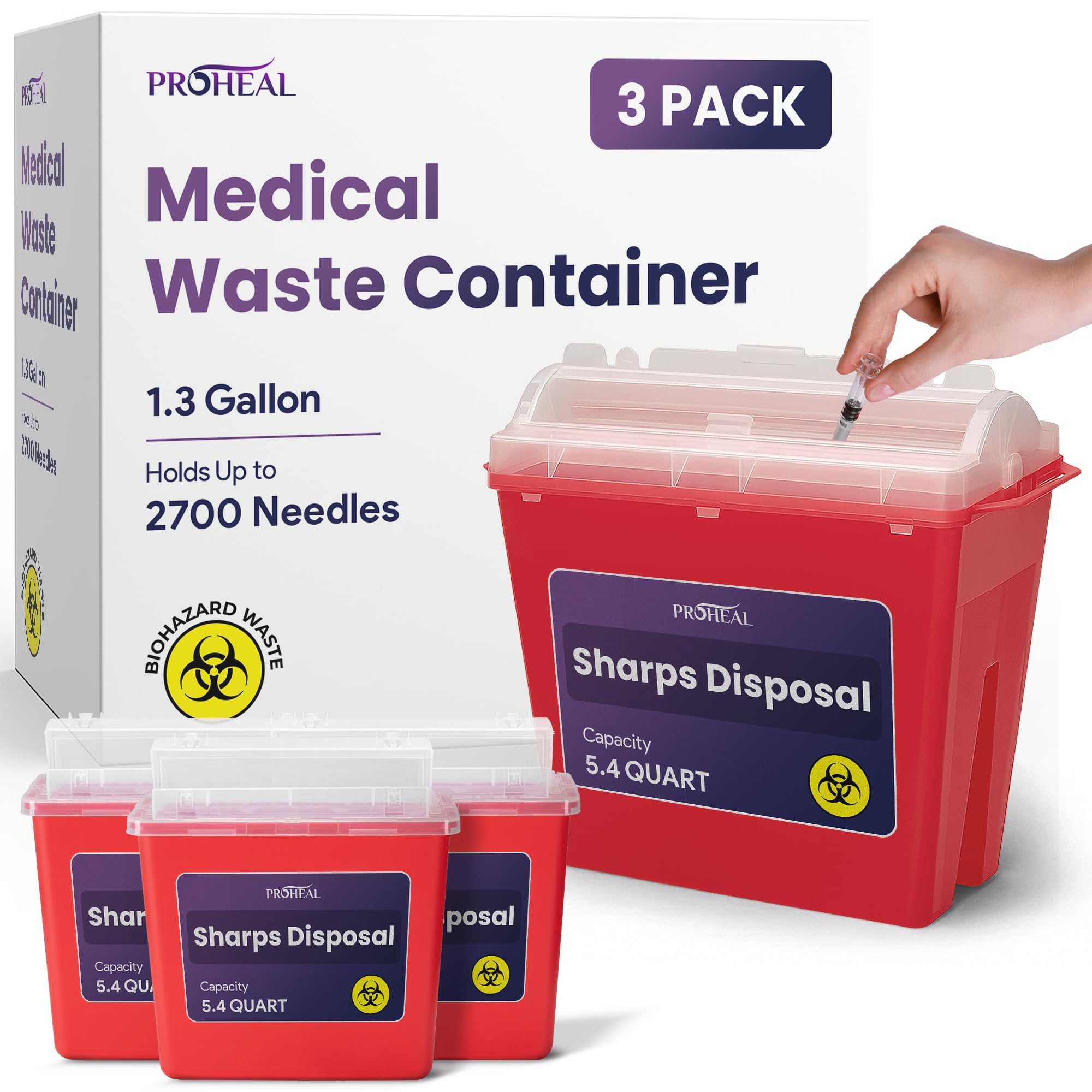 ProHeal large sharps container 3-pack on display for home use.