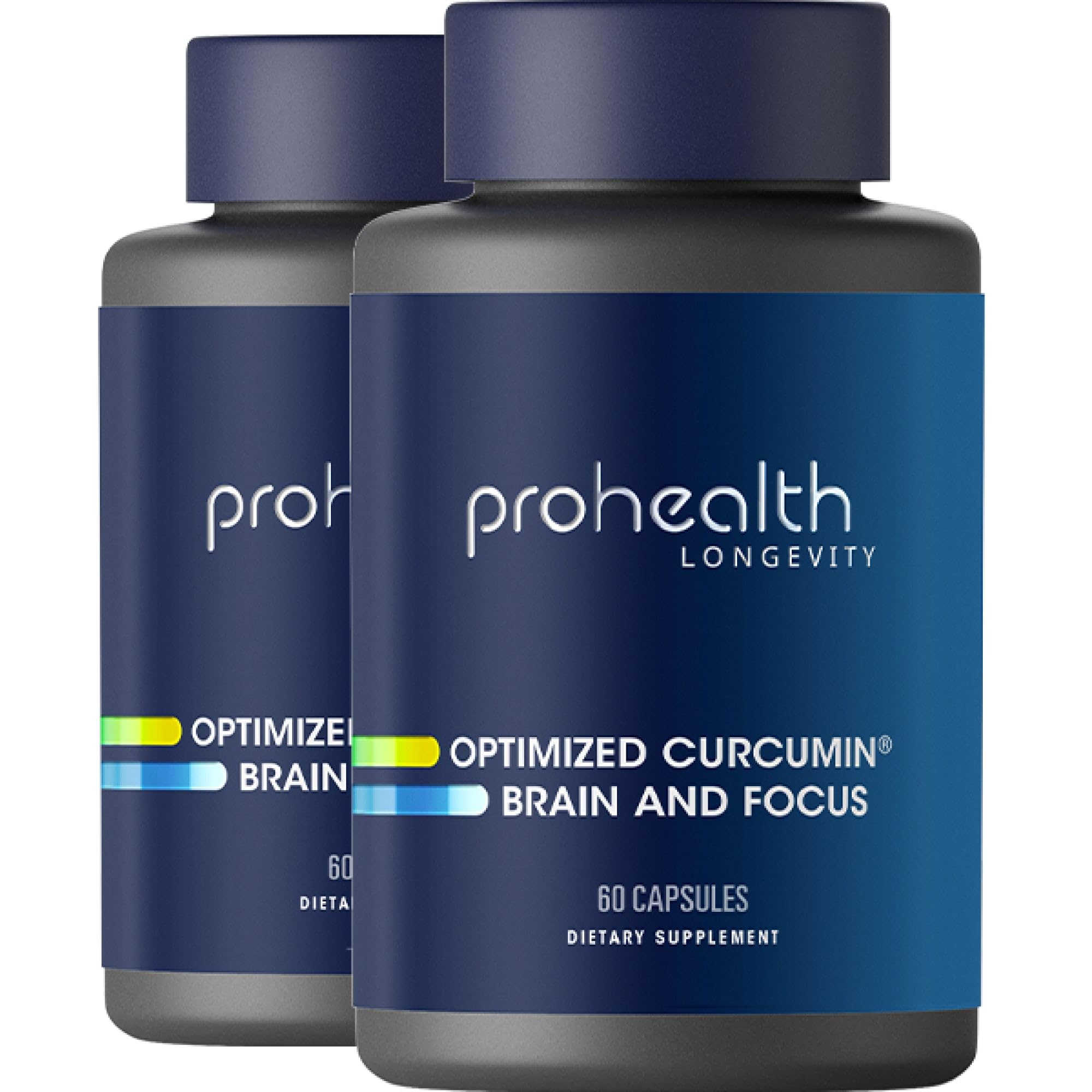 ProHealth Brain and Focus bottle shows Longvida Curcumin and Bacognize for daily mental support.