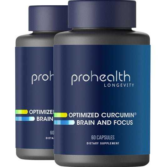 ProHealth Brain and Focus bottle shows Longvida Curcumin and Bacognize for daily mental support.