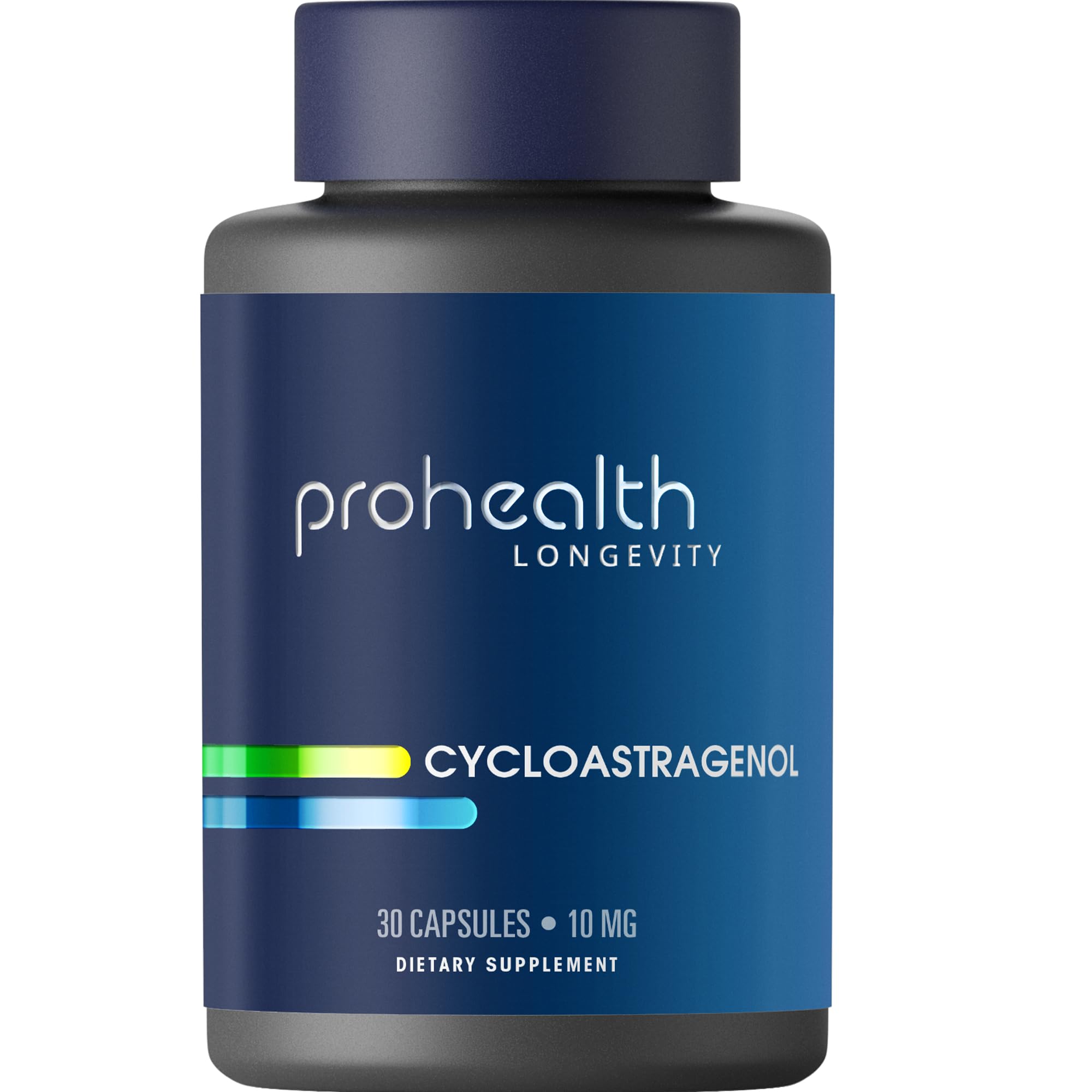 ProHealth Cycloastragenol bottle shows a 10 mg serving for telomere support.