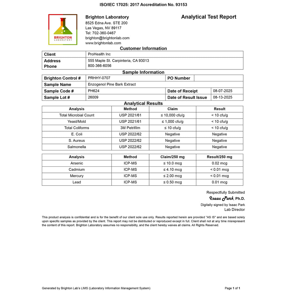 ProHealth Enzogenol packaging indicates GMP manufacturing and reliability