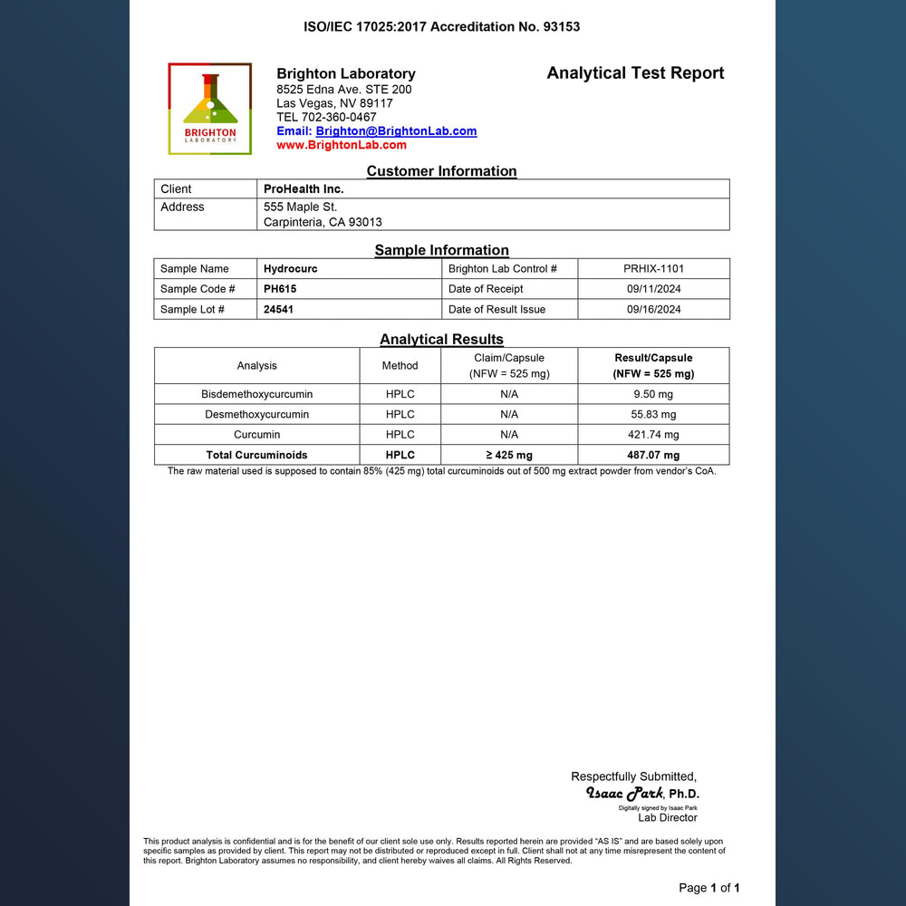 Label detail on ProHealth HydroCurc showing LipiSperse delivery for better absorption.