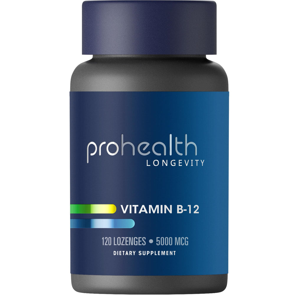 ProHealth Longevity B12 bottle highlights 5,000 mcg per serving for energy support.