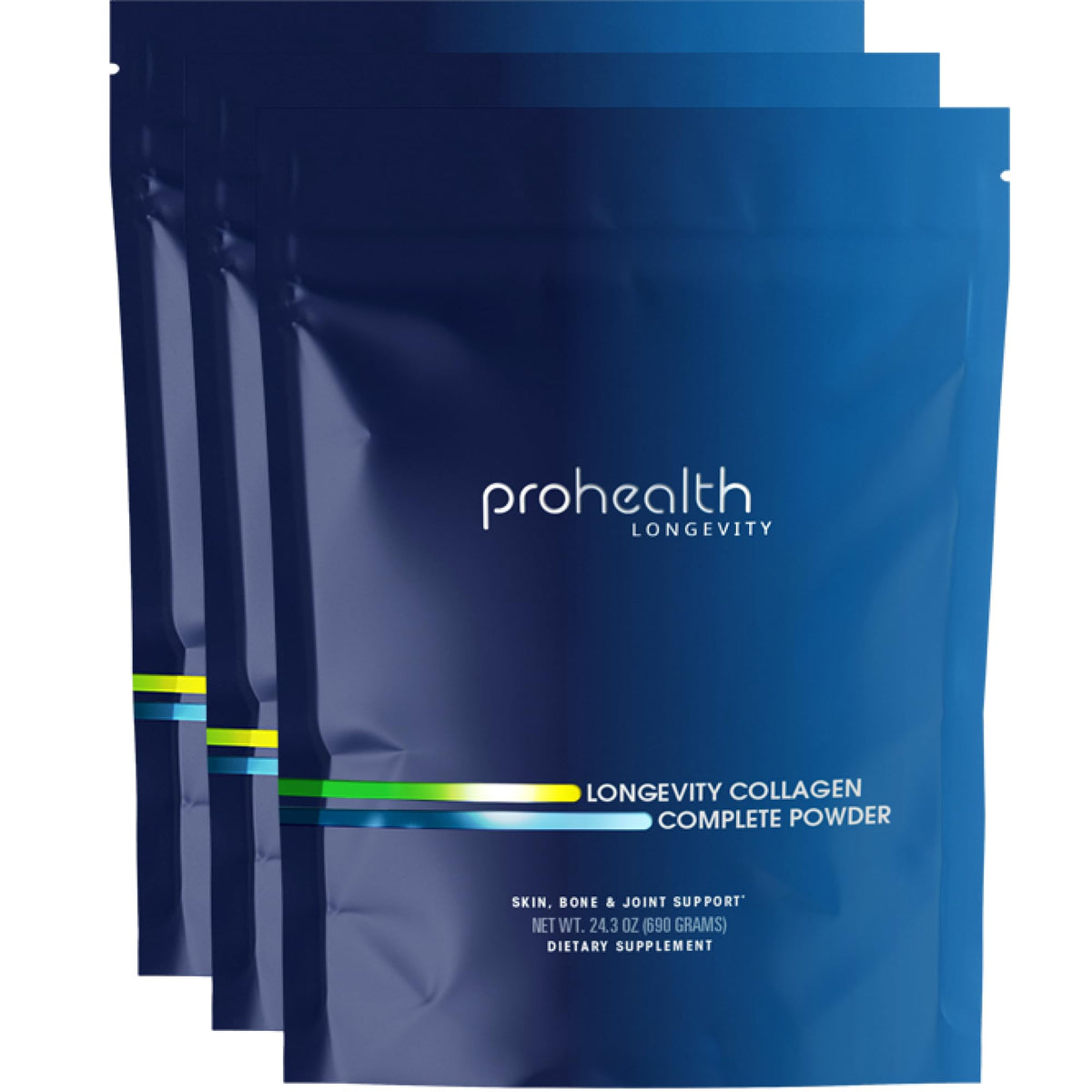 ProHealth Longevity Collagen Complete tub front view showing product packaging and branding.