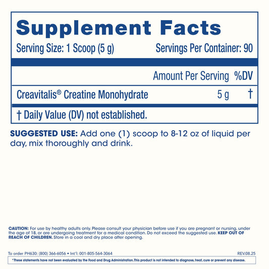 ProHealth Longevity Creatine scoop indicating a 5 g serving for muscle maintenance.
