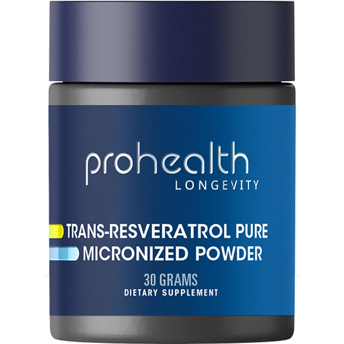 ProHealth Longevity micronized Trans-Resveratrol powder tub—high purity and absorption.