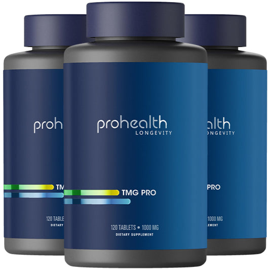 ProHealth Longevity TMG tablets in bottle front showcase product and dosage for methylation support.