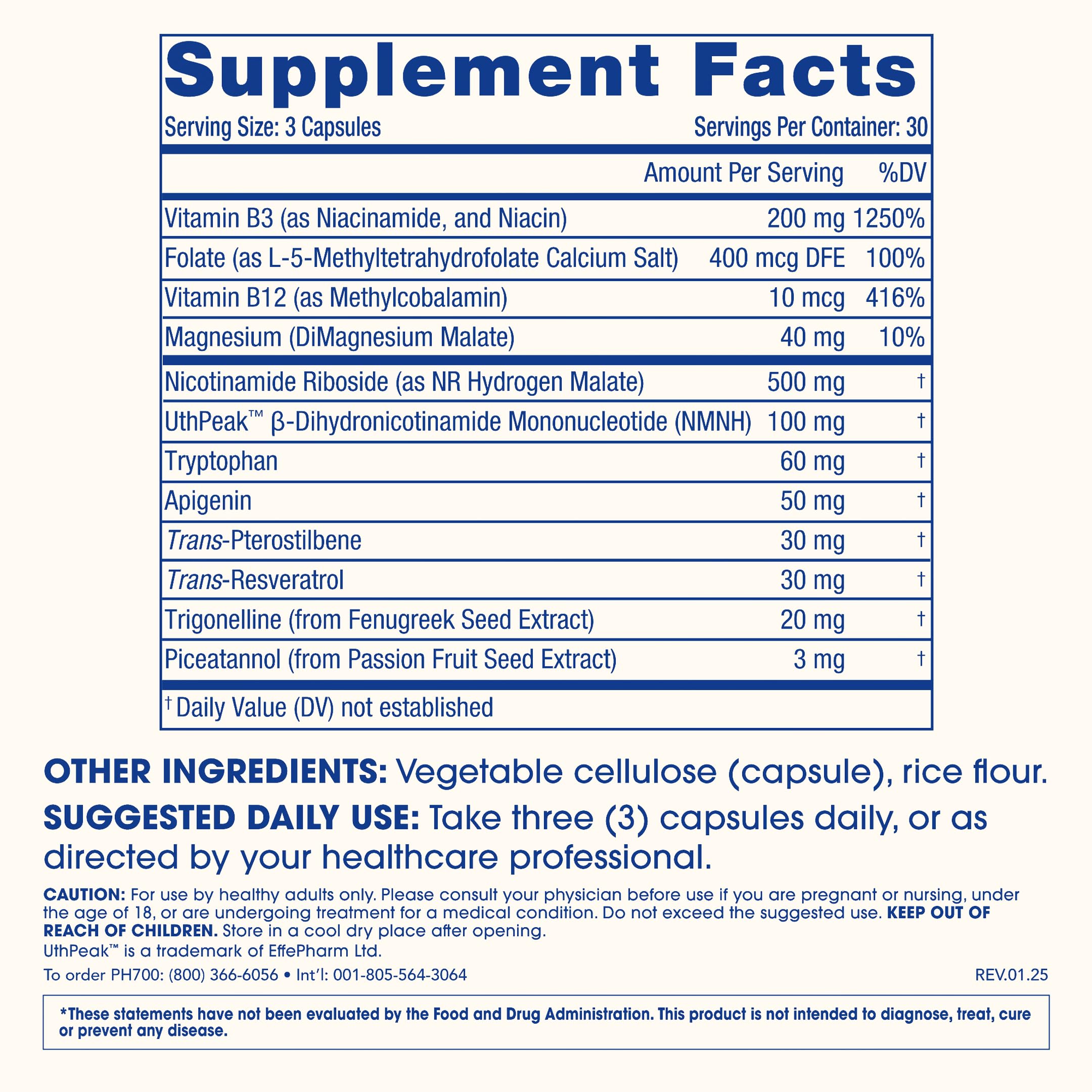 ProHealth NAD Triple Boost ingredients graphic highlights NR NMNH pterostilbene and apigenin